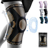 A black knee brace with gold accents is shown on a leg, alongside various colored braces and a single pack.