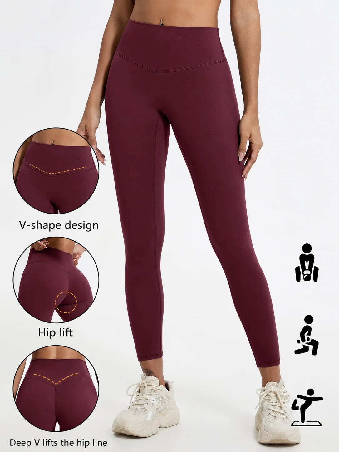 A model wears deep burgundy high-waist yoga leggings highlighting the V-shape design and hip lift.