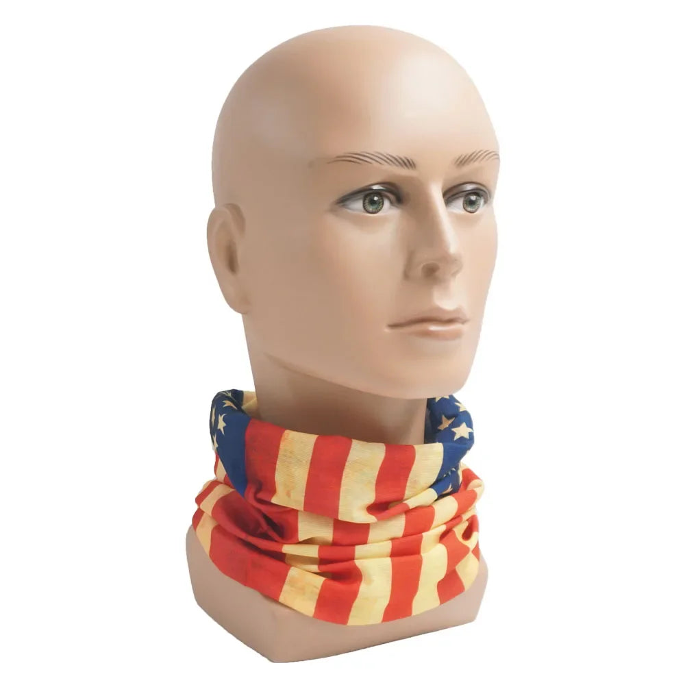 A mannequin head wearing a red, white, and blue striped tube bandana or head wrap.