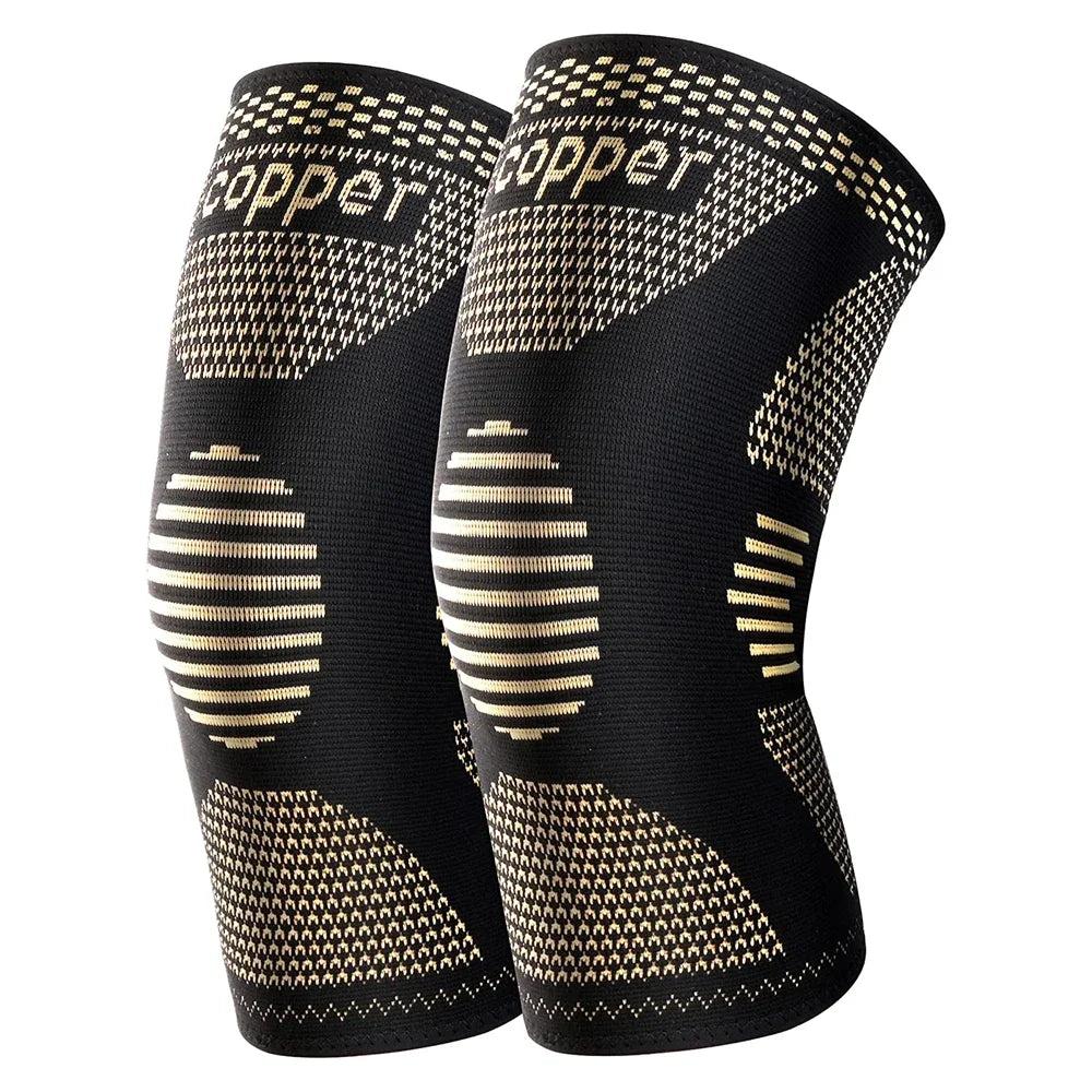 Black copper knee compression sleeve with textured and striped patterns