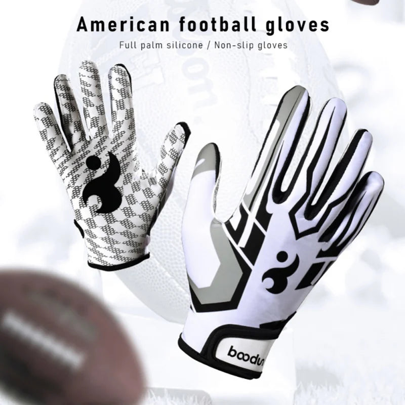 Une paire de gants de football américain avec une poignée silicone pleine paume, sur fond blanc.