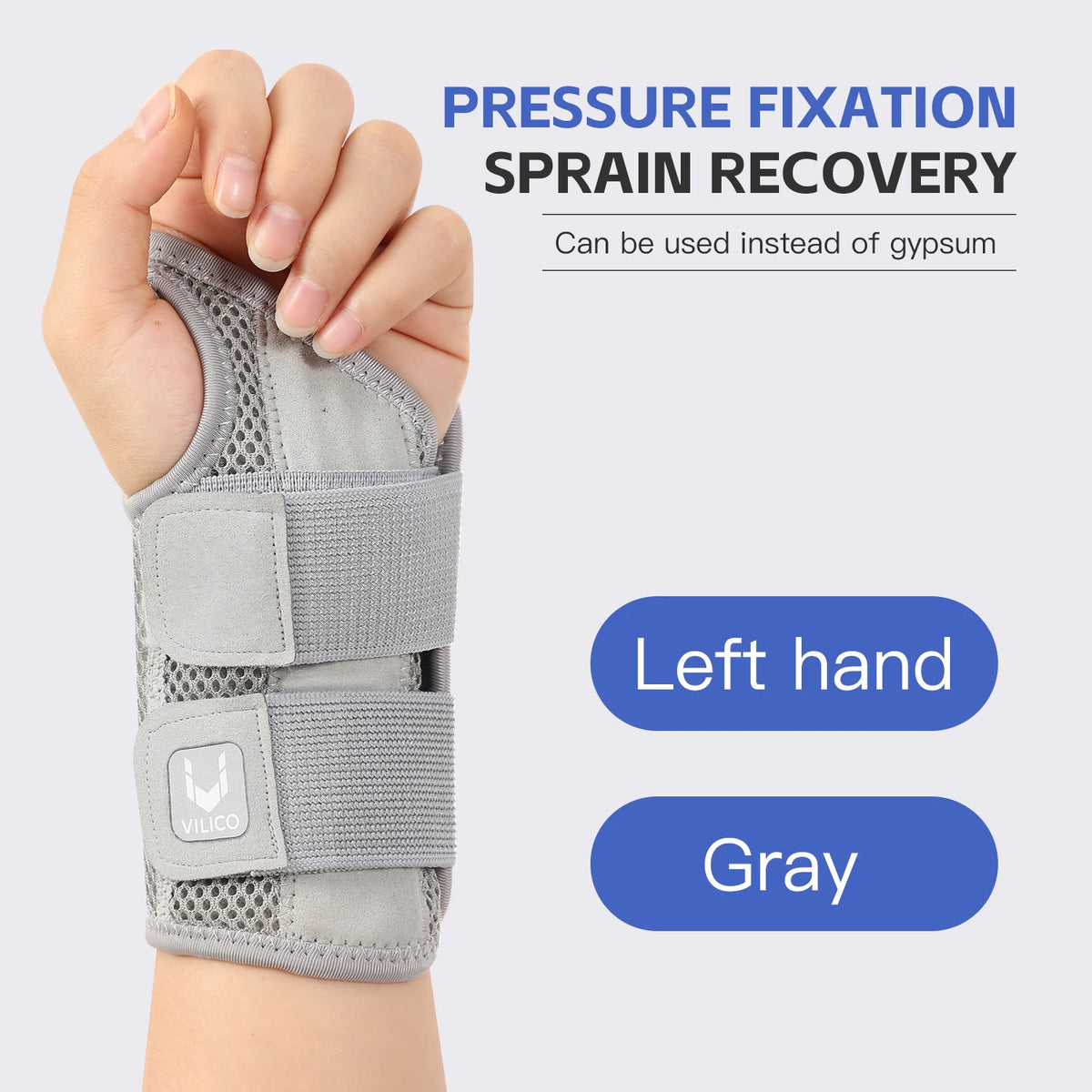 A gray pressure fixation sprain recovery brace for the left hand, shown on a wrist.
