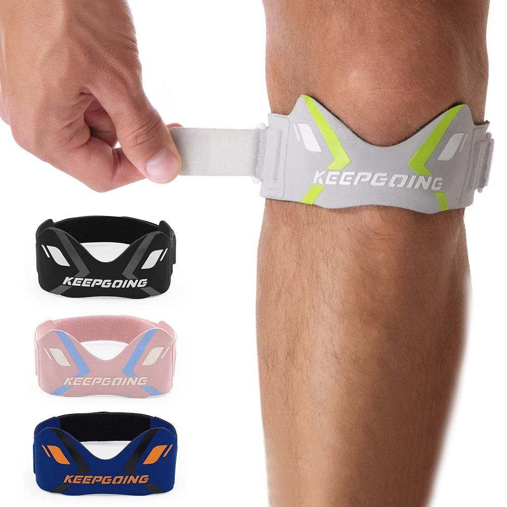 A hand demonstrates a beige knee brace for patellar tendon support, with various colored versions shown below.
