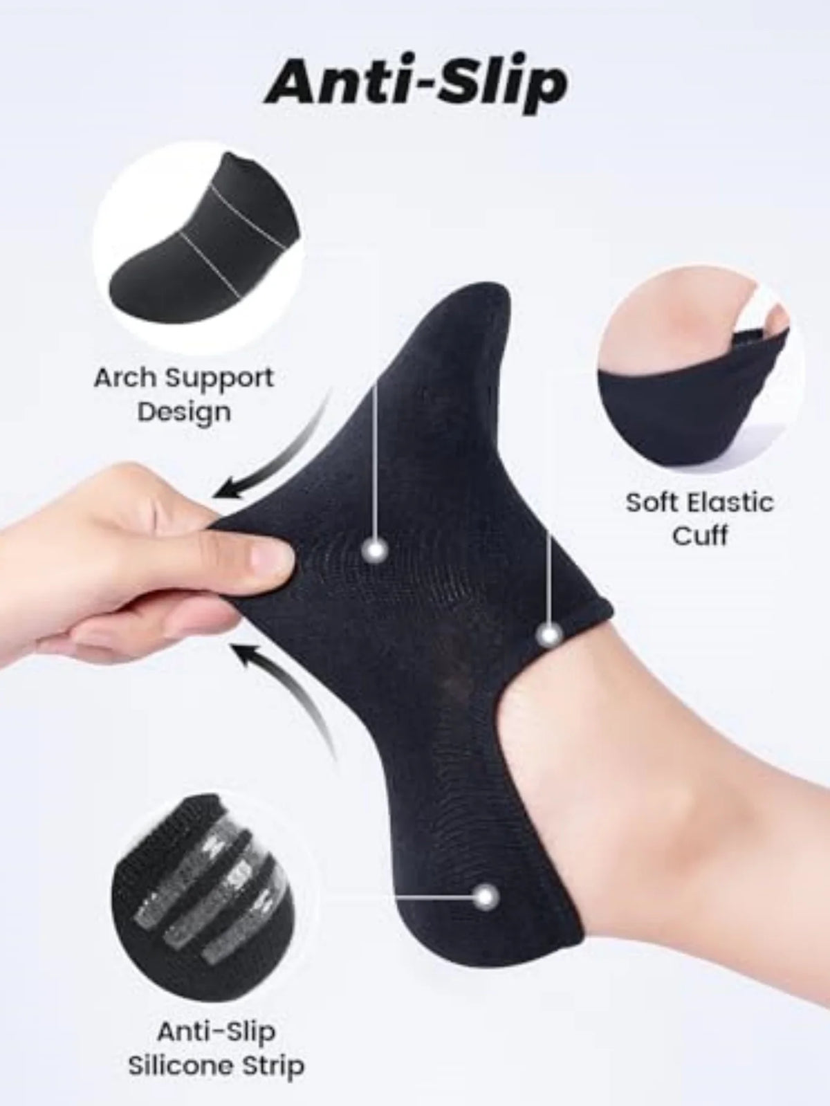 Manchette élastique noire antidérapante avec support de voûte et silicone anti-dérapant appliquée à la cheville