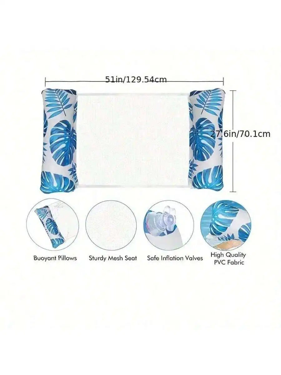 A rectangular white inflatable pool float hammock with blue leaf patterns, showing its size and features.