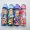 Four colorful leak-proof insulated water bottles featuring cute bear designs and various colored lids.