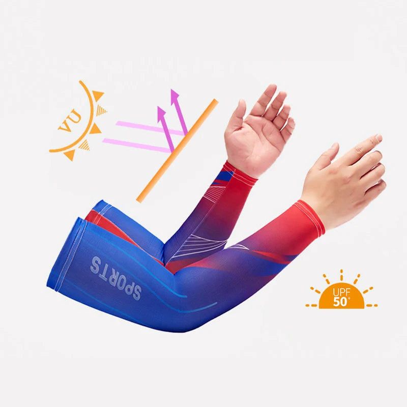 A person wearing blue sports arm sleeves is shown with sun and muscle icons, indicating dynamic breathable arm sleeves for cy