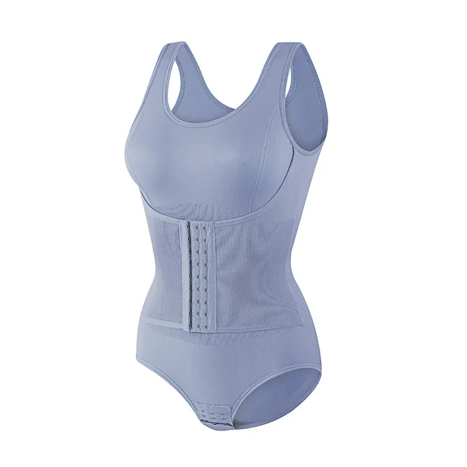 Light blue zippered shapewear bodysuit for waist slimming