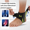 A person's foot is shown wearing a black and neon yellow Y-shaped soft armor support for pressure and directional assistance.