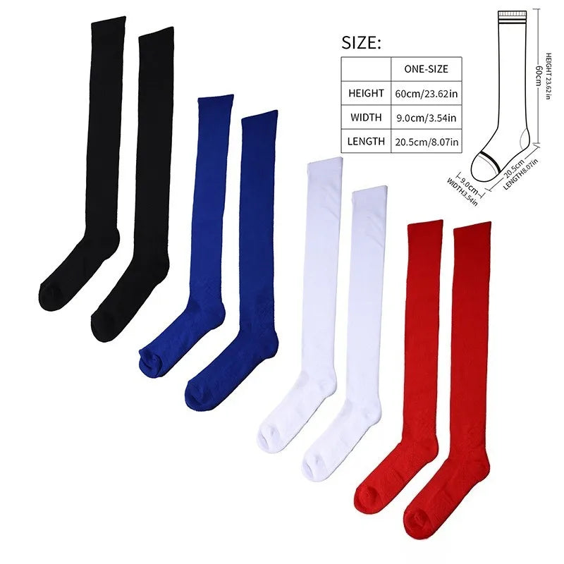 A set of extra long football socks for men in black, blue, white, and red colors with size specifications.
