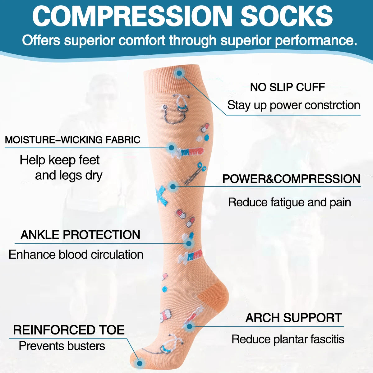 A close-up of an orange compression sock highlighting features like no slip cuff, moisture-wicking fabric, ankle protection, 
