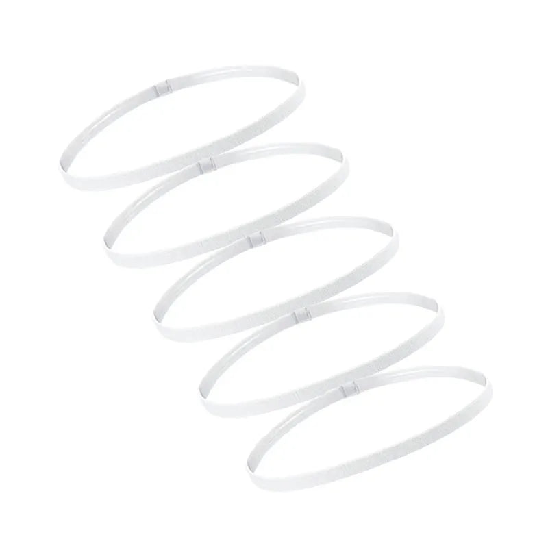 A set of five white multi-functional elastic sports headbands laid out in a circular pattern.