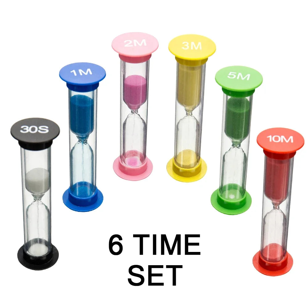 A set of six colorful sand timer hourglasses with markings from 1M to 30S for timing and decoration.