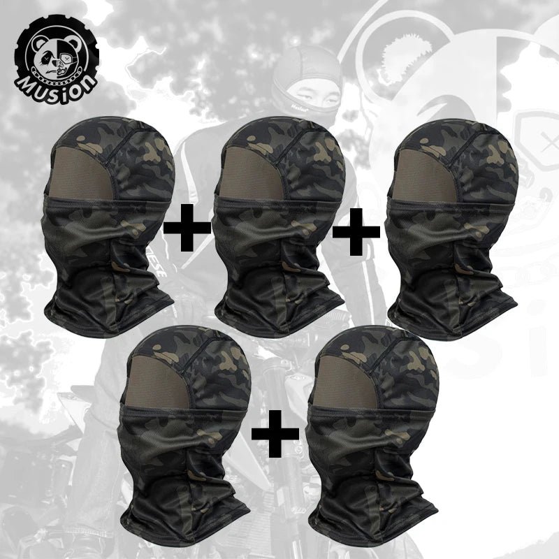 A set of camouflage mesh balaclavas shown in various shades and angles.