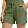 Olive green high-waisted quick-dry athletic shorts with a drawstring waist
