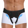 Black hernia support belt worn around the abdomen with blue arrows indicating direction.