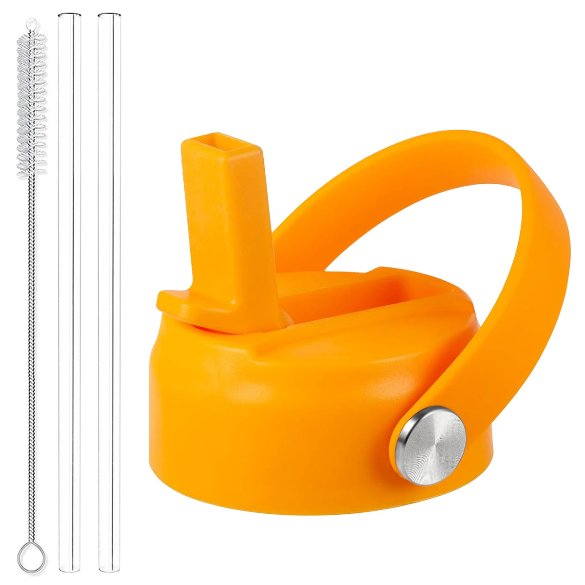 An orange secure straw lid for wide mouth bottles with a metal cap and multiple straws.