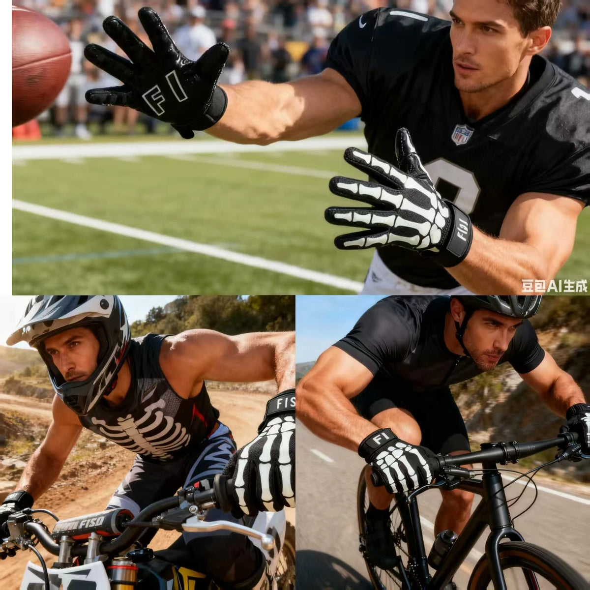 A male athlete wearing black tactical grips while riding a bicycle on a road.