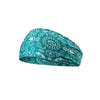 A teal patterned sports headband folded and displayed against a white background.