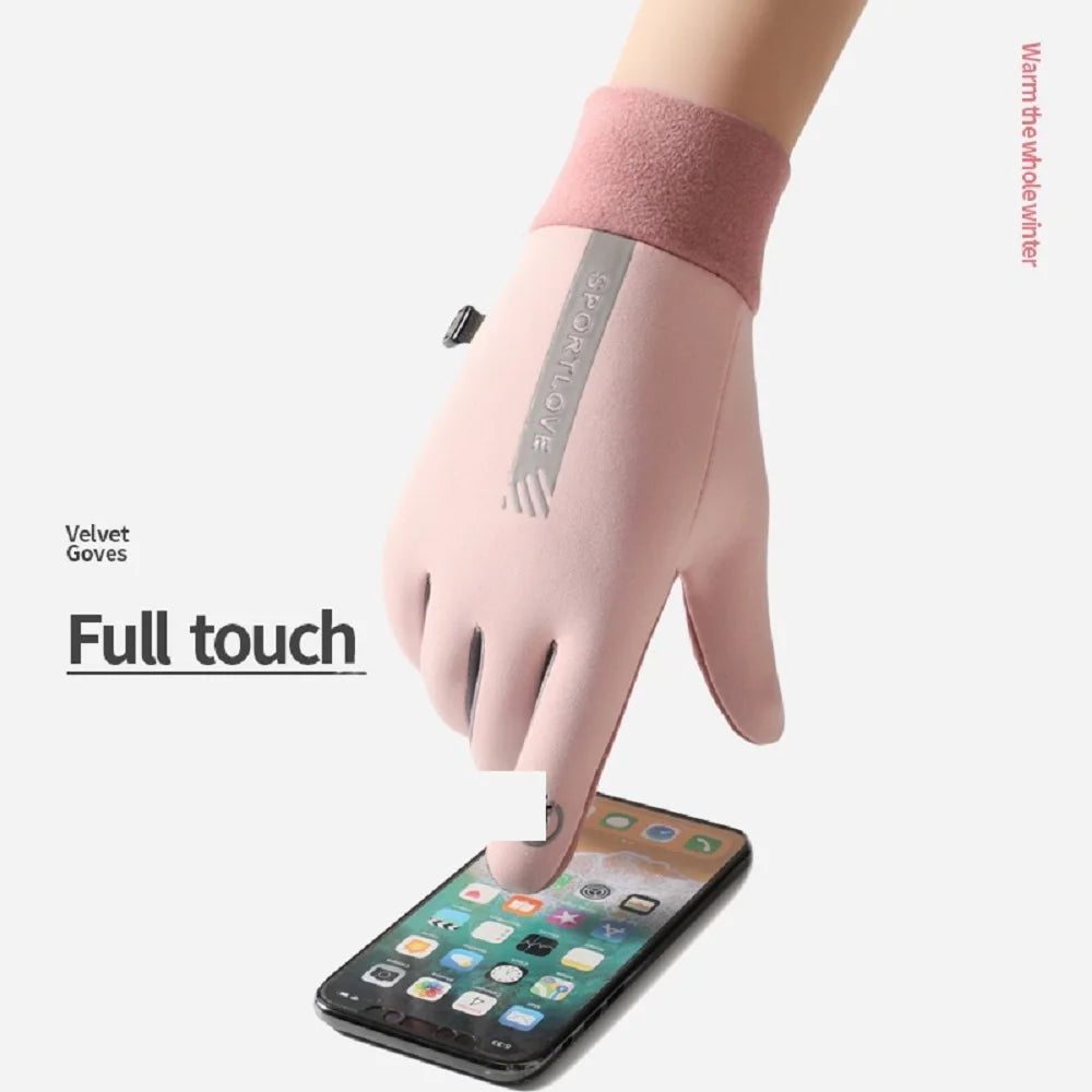 A close-up of a pink velvet glove being used to touch a smartphone screen.