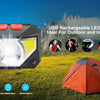 A USB rechargeable LED head torch is shown with various outdoor activities and a tent in a grassy field.