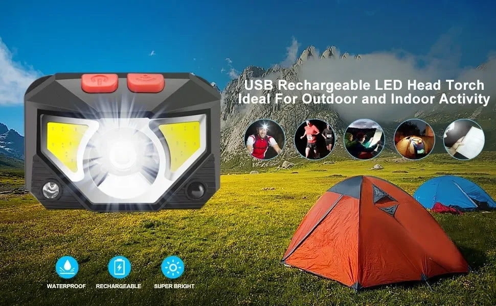 A USB rechargeable LED head torch is shown with various outdoor activities and a tent in a grassy field.