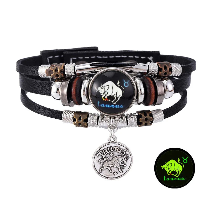 Pulsera de cuero plateado y marrón oscuro con dije y colgante zodiacal de Tauro.