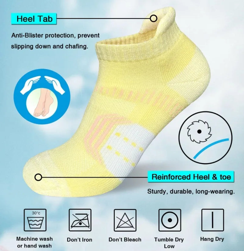 Yellow ankle socks with a heel tab and reinforced heel and toe for anti-blister protection