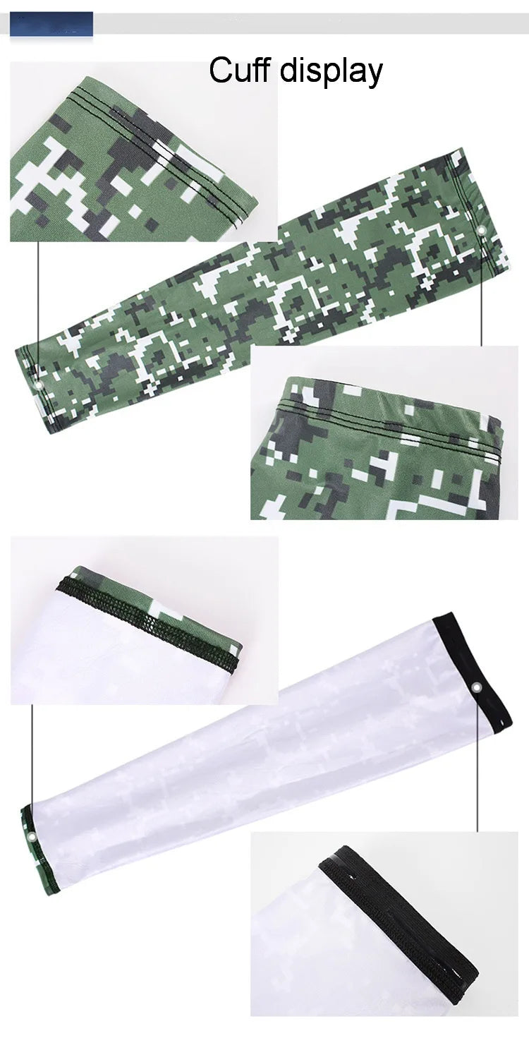Display of tactical camouflage arm sleeves showing various patterns and deployment