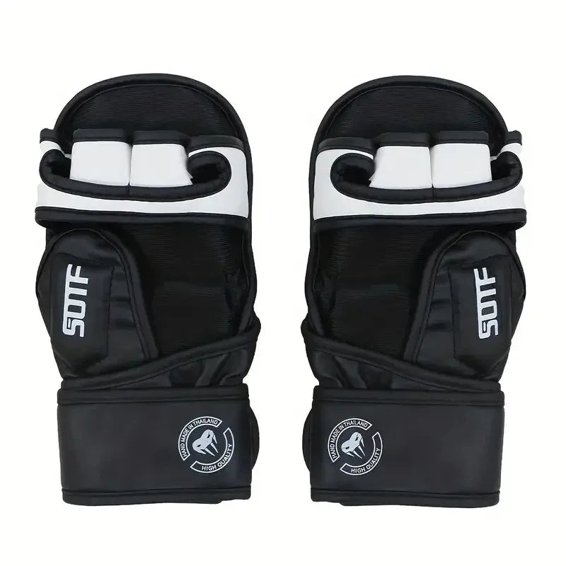 Pair of black and white thickened PU boxing gloves for MMA and Muay Thai training