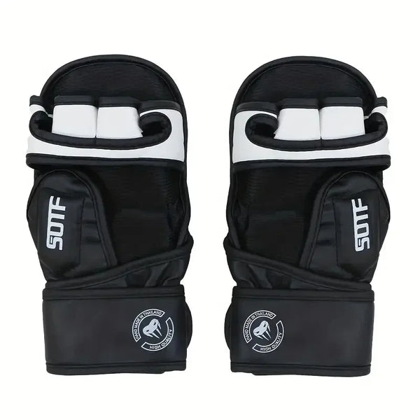 Pair of black and white thickened PU boxing gloves for MMA and Muay Thai training