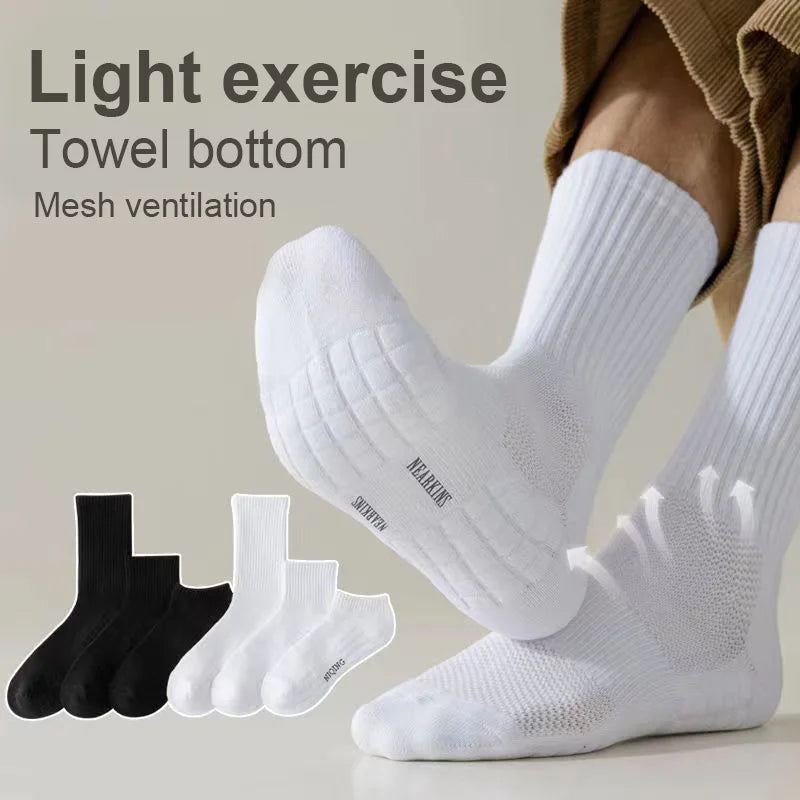White light exercise towel bottom mesh ventilation socks shown on a foot and several pairs.