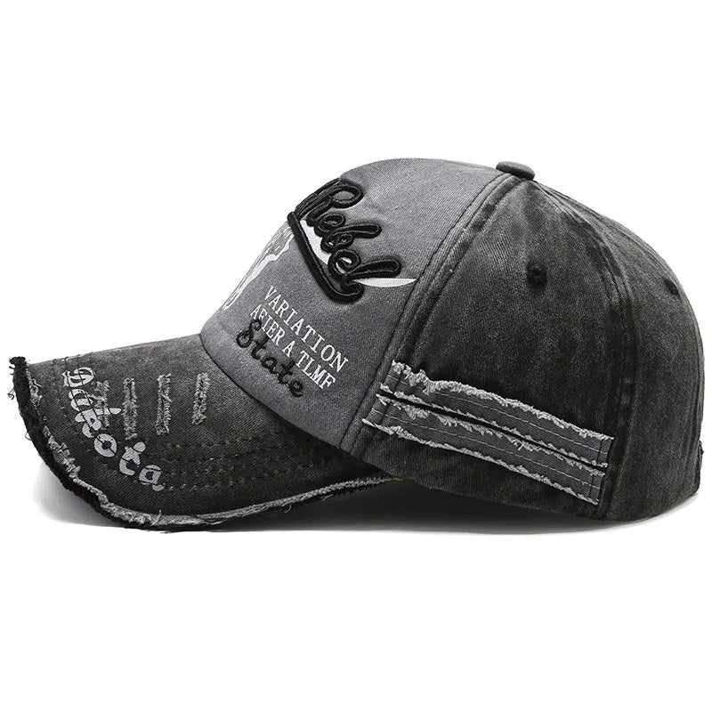 Vintage Washed Cotton Baseball Cap with Embroidered Cow Head