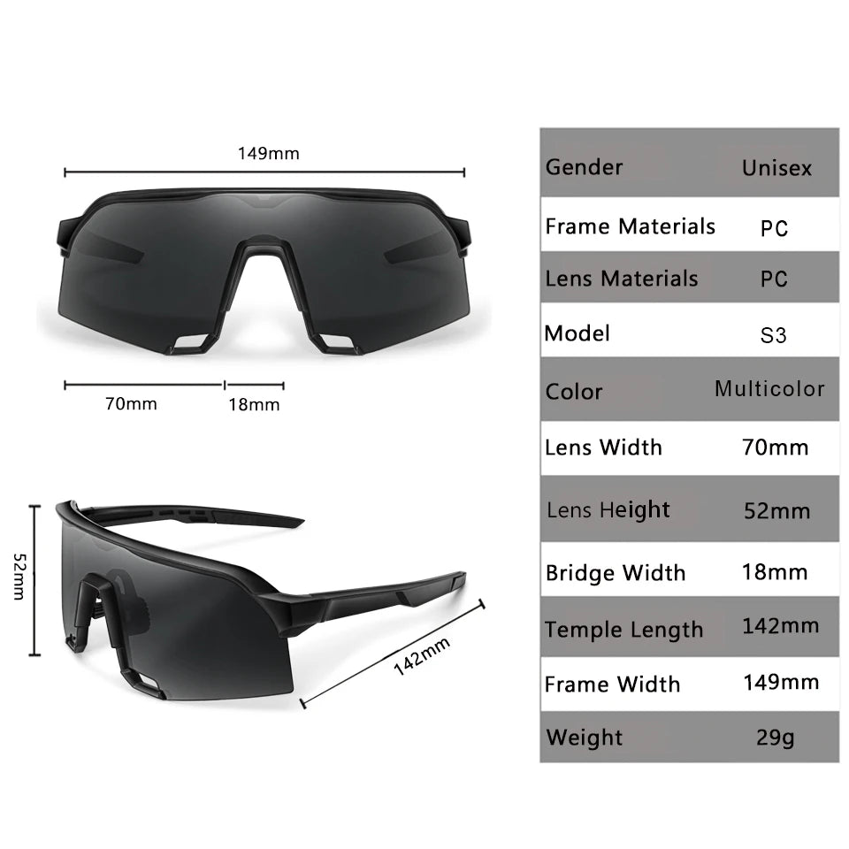 Black sports sunglasses with PC frames and lenses, shown from the front and side.