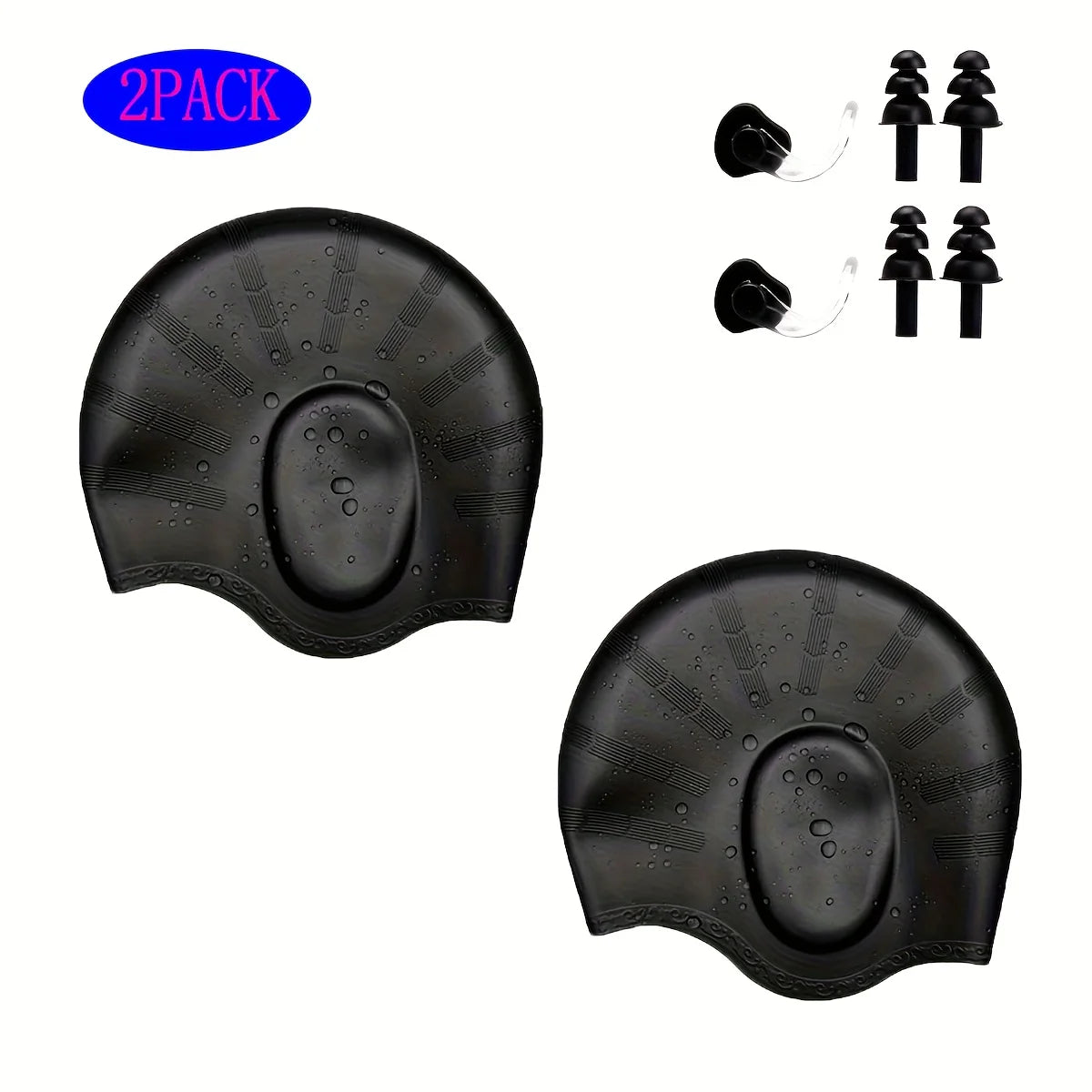 Ein Set aus zwei schwarzen Silikon-Schwimmhauben mit integrierter Haarschutzfunktion.