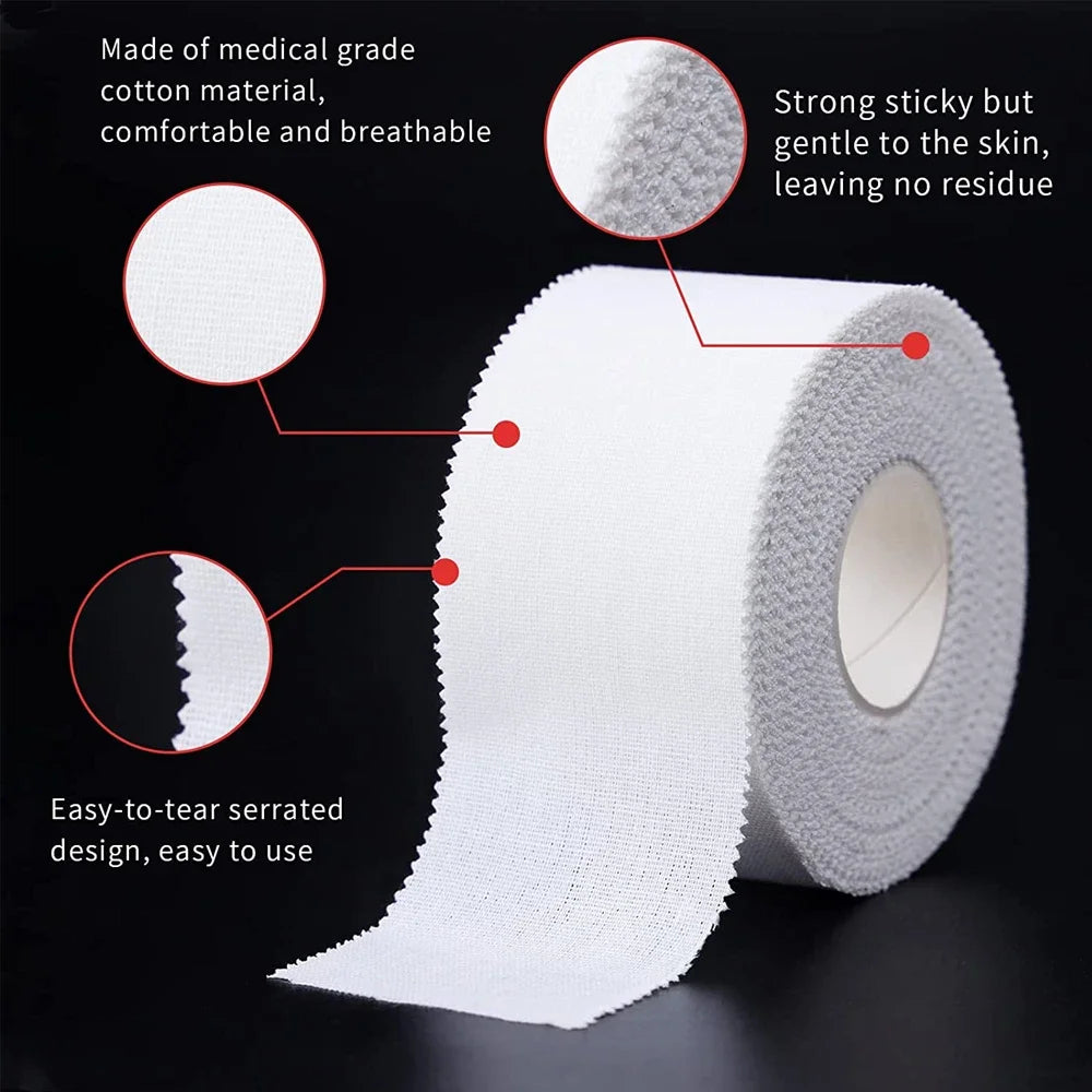 Roll of white medical grade cotton athletic binding tape with a serrated edge for easy tearing