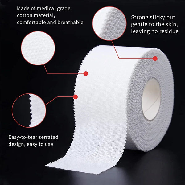 Roll of white medical grade cotton athletic binding tape with a serrated edge for easy tearing