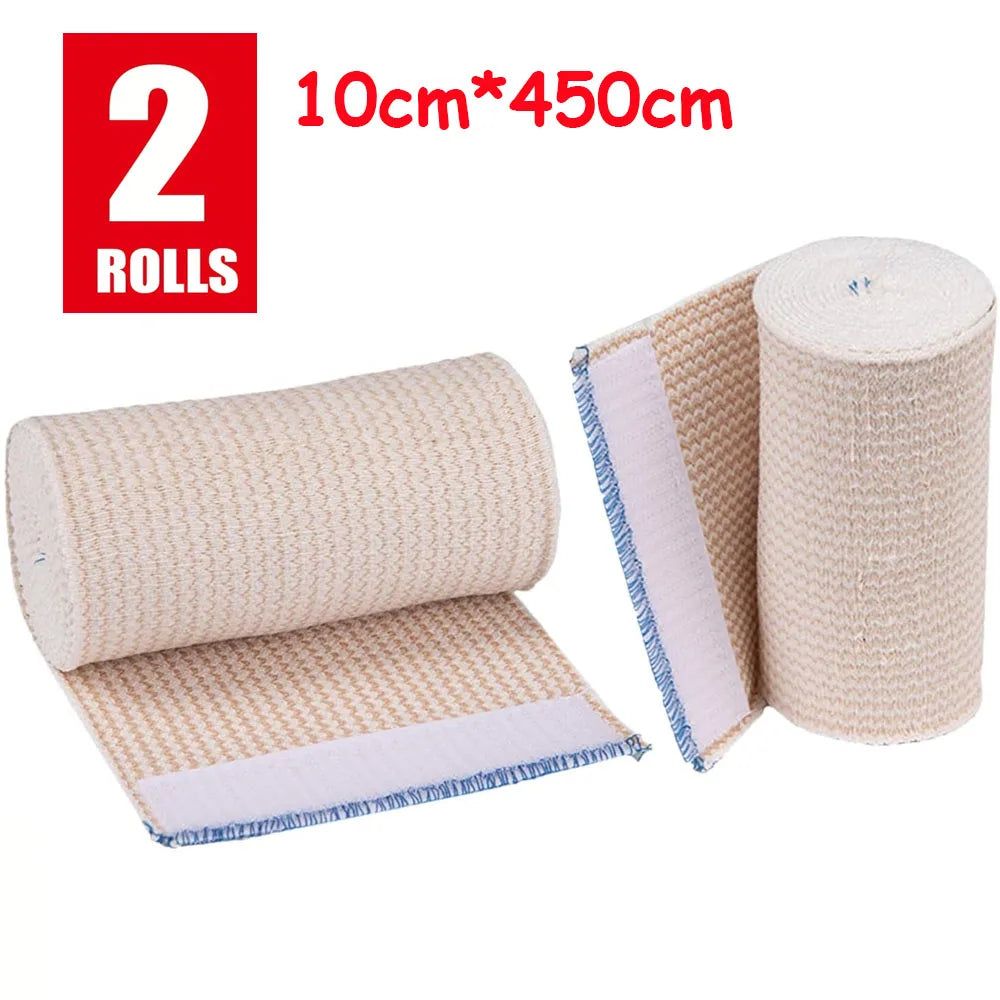 Two rolls of beige hook and loop elastic compression wraps, measuring 10cm by 450cm.