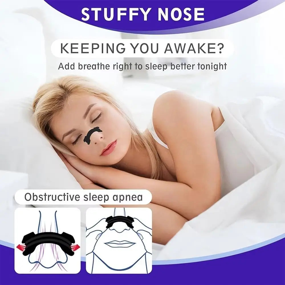 Image showing a woman sleeping with a stuffy nose relief product, likely nasal strips, for obstructive sleep apnea.