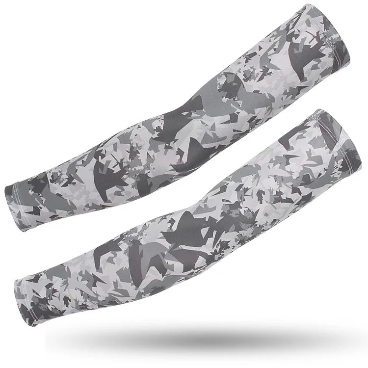 A pair of camouflage tactical arm sleeves displayed against a white background.