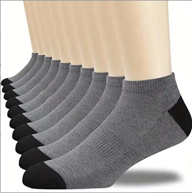 A set of ten gray and black ankle socks displayed vertically.