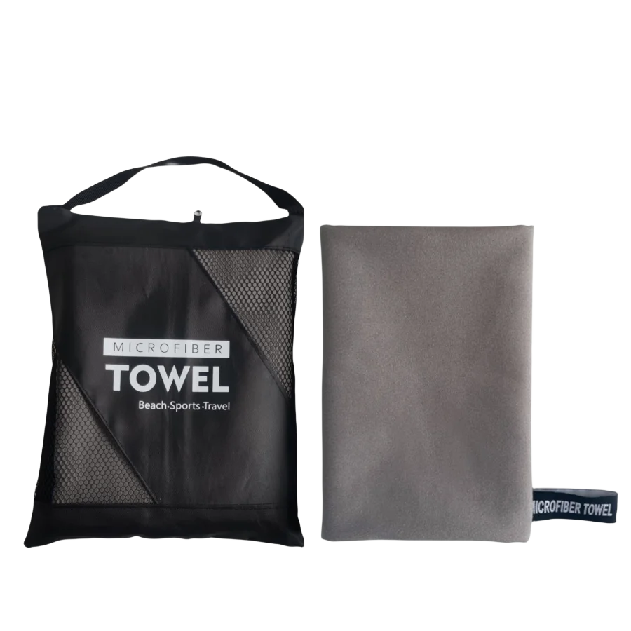 A black microfiber towel bag and a folded gray microfiber towel are shown side by side.