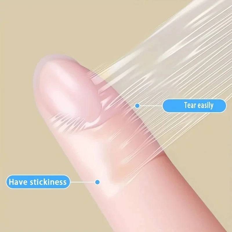 A hand shows a transparent self-adhesive finger protection tape being easily torn off, demonstrating its stickiness.