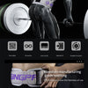 A close-up of a gray fitness lifting belt with purple accents being worn around the waist for core and lumbar support.