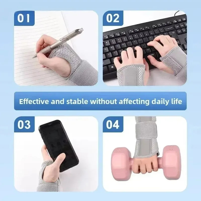 Four images showing an adjustable wrist brace used for relief, including writing, typing, and exercise.