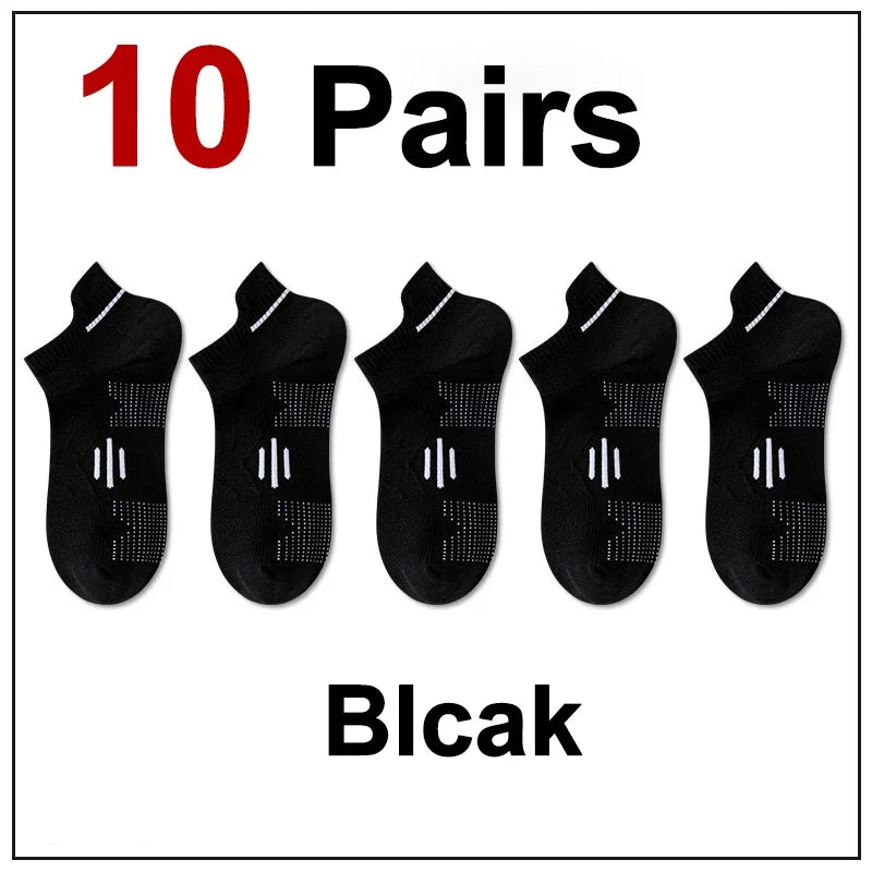 Ten pairs of black athletic socks shown for sale.