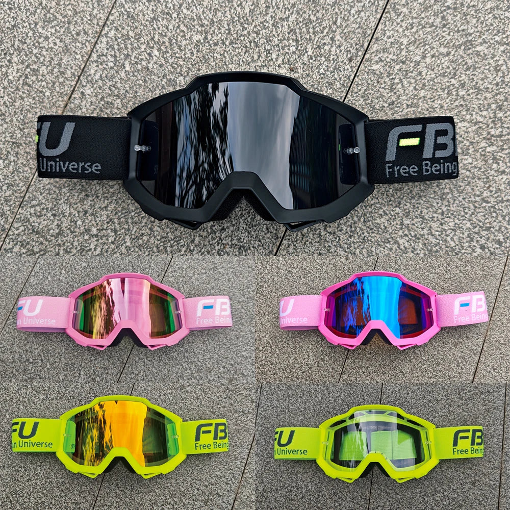A collection of three pairs of sport-grade goggles in various colors, including black, pink, and yellow, featuring the FB Fre