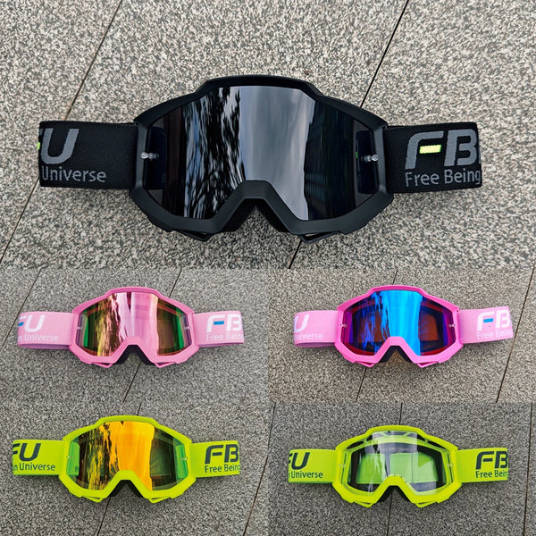 A collection of three pairs of sport-grade goggles in various colors, including black, pink, and yellow, featuring the FB Fre