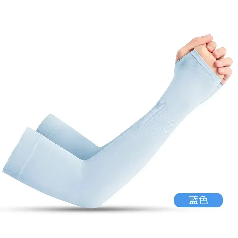 Light blue UV protection arm sleeves being worn by a hand
