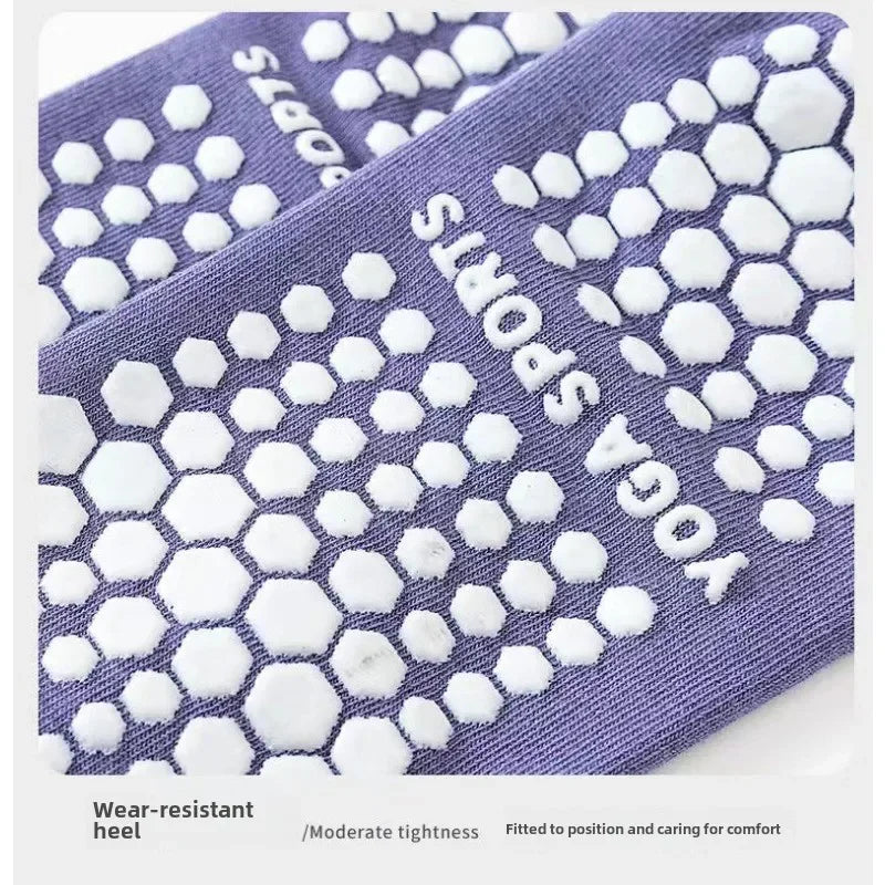 Purple non-slip grip socks with white hexagonal pattern for yoga and sports
